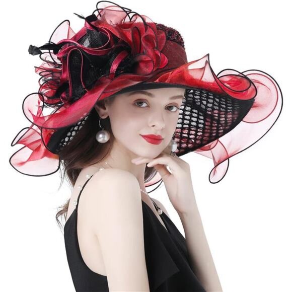 Women Hat Wide Brim Tea Party Fascinator Red Black